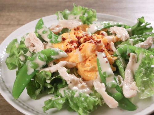 彩り鮮やか！スナップエンドウと鶏ほぐしの春サラダ